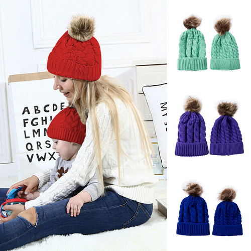 2PCS Mom Mother Baby Knit Pom Bobble Hat Kids