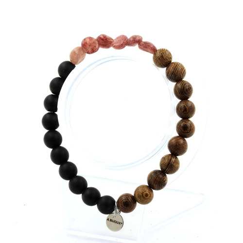 Ruby from Brazil + Matte Black Onyx + wood Bracelet 8 mm Beads