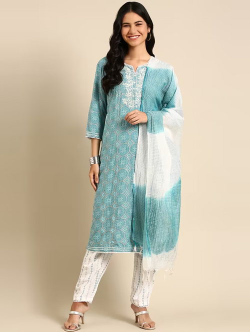 Women Blue Embroidered Suit Set (Size-L) (Color-Blue)