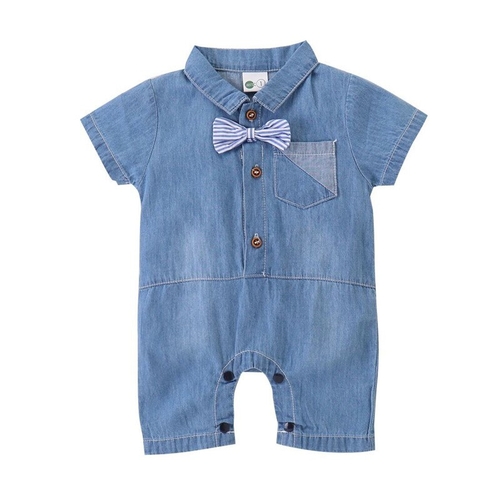 Gentlemen Kids Baby Boy Denim Romper Bow Tie Lapel