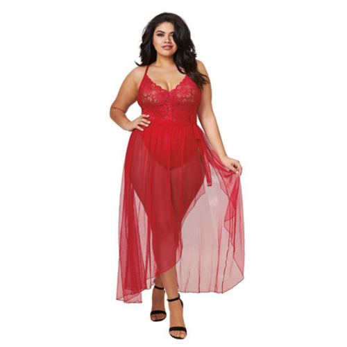 Dreamgirl Dreamgirl Teddy & Sheer Mesh Maxi Skirt With G-String Rouge