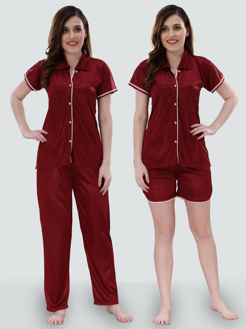 Romaisa Women's Satin Solid Maroon Top and Pyjama with Shorts