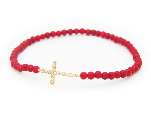 Fronay 212282C Elastic Red Coral Sparkling Cubic Zirconia Cross Bracel