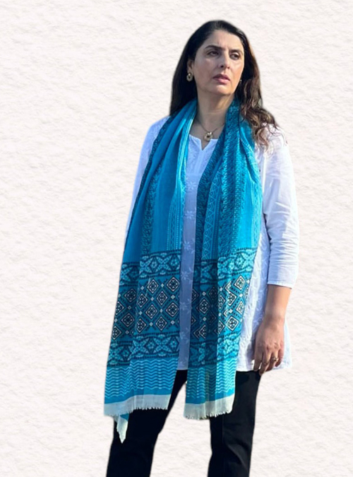 Main Turquoise Hand Painted Wool And Silk Blend Scarf image