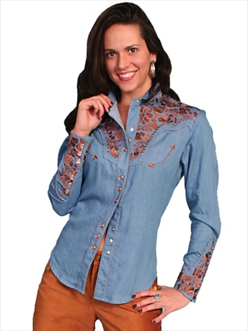 Scully PL-654-BLU-L Womens Western Shirt - Blue- Large