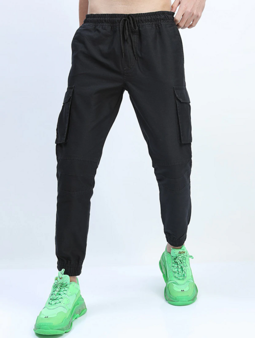 Men Mid Rise Solid Cargos(size34)(ColorBlack)