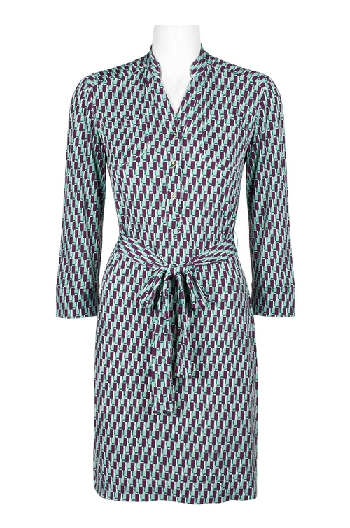 Donna Morgan High Neck Long Steeve Tie Waist Multi Print Jersey Dress