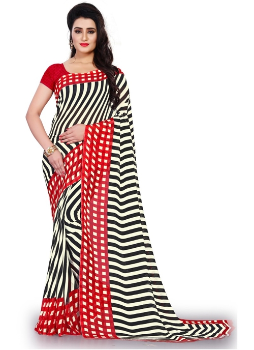 Printed Faux Georgette Red Color Saree