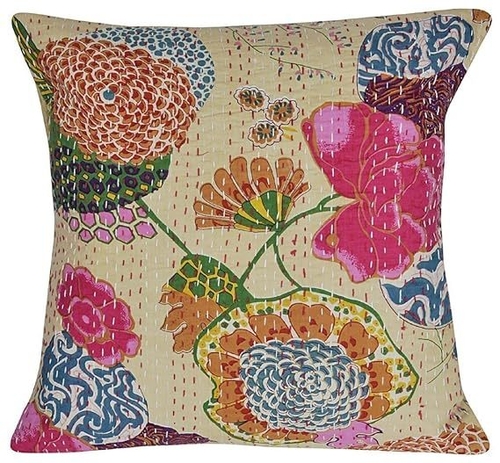 Cotton Kantha Embroidery Cushion Cover (16x16-inches) (Set of 1,