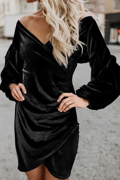 Black Puff Sleeve Off Shoulder Wrap Bodycon Velvet Dress