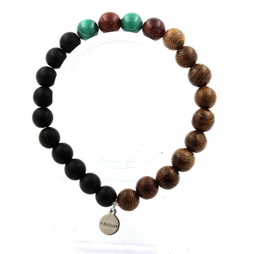 Malachite + Mahogany Obsidian + Matte Black Onyx + Wood Bracelet