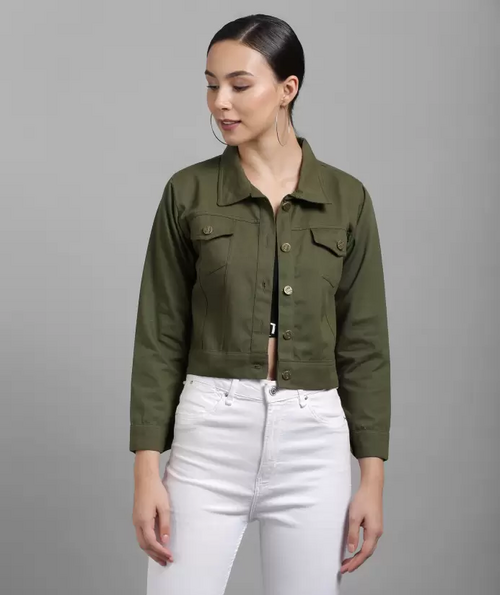 Women Solid Light Weight Casual Short Jacket (Color Dark Green) (Size