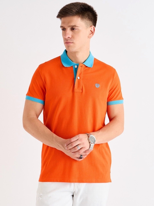 Men's Printed Pure Cotton Polo T-Shirt (Color Orange & Sky Blue) (Size