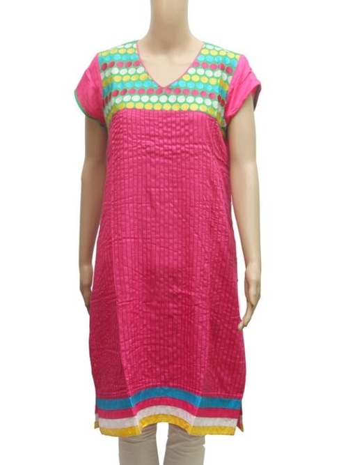 Pink & Green Emboss Printed Rayon Kurti