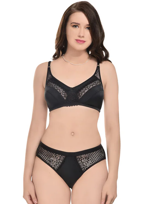 Black Lycra Bras And Panty Set(Size36)(ColorBlack)