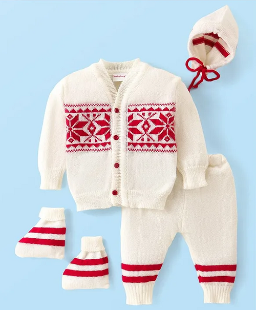 Knit Full Sleeves Front Open Sweater & Pant Set with Cap and Booties