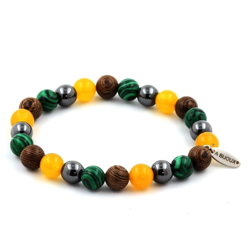 Hematite + Malachite + Yellow Agate + Wood Bracelet 8 mm.