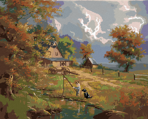 Paint by Numbers - A BOY FISHING WITH A DOG AT A FARM (ABRAHAM HUNTER)