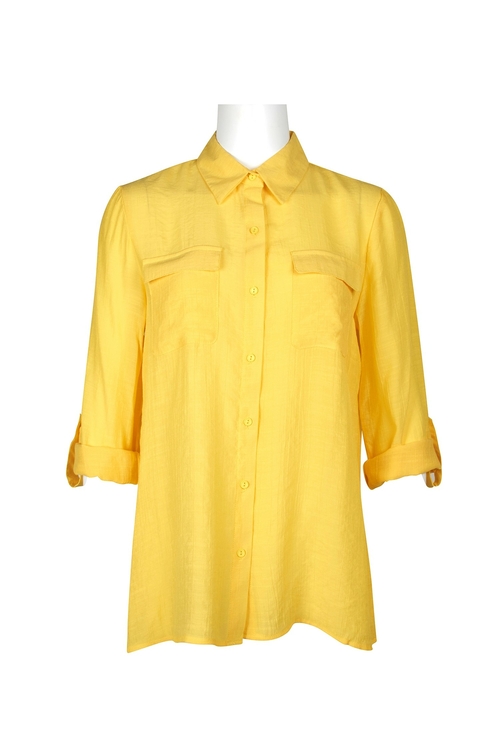 Melissa Paige Collared Button Down 2 Way Sleeve Solid Viscose Top