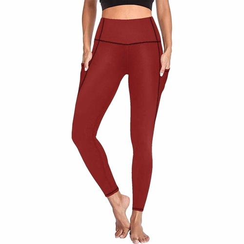 Womens Leggings with Pockets - Fitness Pants / Maroon Red