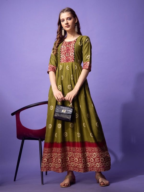 Printed Anarkali Kurta for Women (Size-42) (Color-MEHANDI)