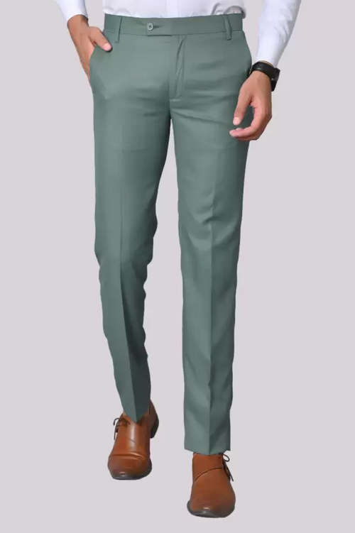 Men Regular Fit Light Green Cotton Blend Trousers (Size L)