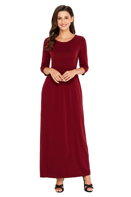 Burgundy Pocket Design 3/4 Sleeves Maxi Dress