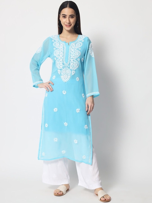 Hand Embroidered Georgette Straight Kurta Third Fourth Sleeve