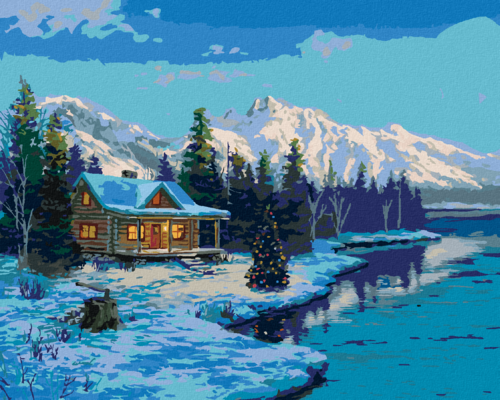 Zuty - Paint by Numbers - LAKESIDE HUT, CHRISTMAS TREE AND MOUNTAINS