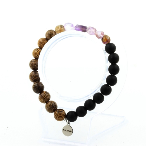 Auralite from Canada + Matte Black Onyx + wood Bracelet 8 mm Beads.