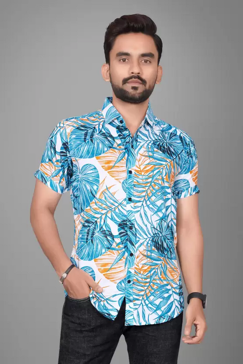 Men Regular Fit Printed Spread Collar Casual Shirt Blue (Size M)