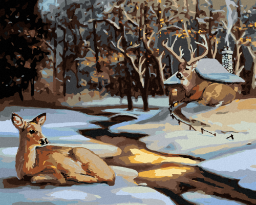 Zuty - Paint by Numbers - DOE AND DEER BY A SNOWY HOUSE (D. RUSTY