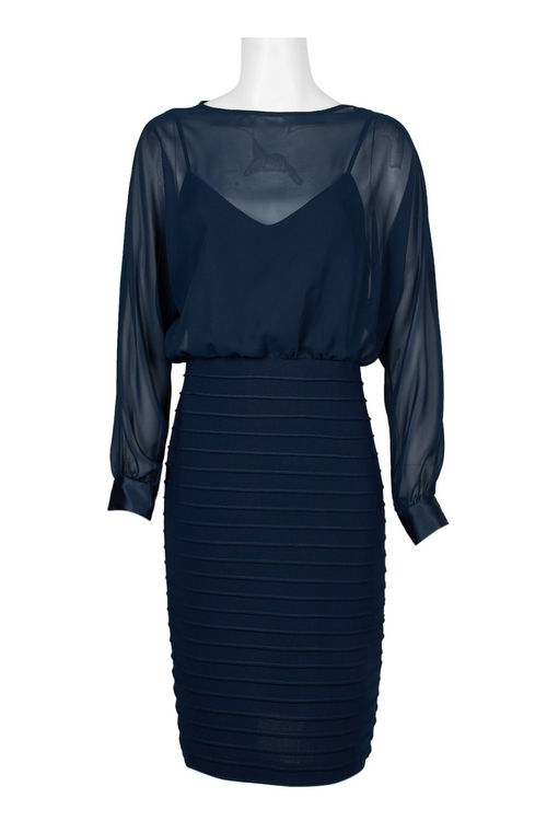 Adrianna Papell Boat Neck Long Sleeeve Blouson Illusion Keyhole