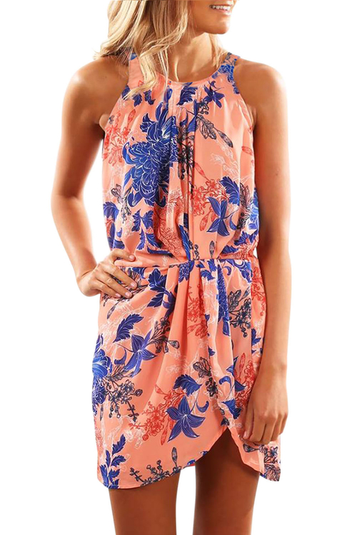 Orange Halter Neck Floral Print Sleeveless Casual Mini Dress