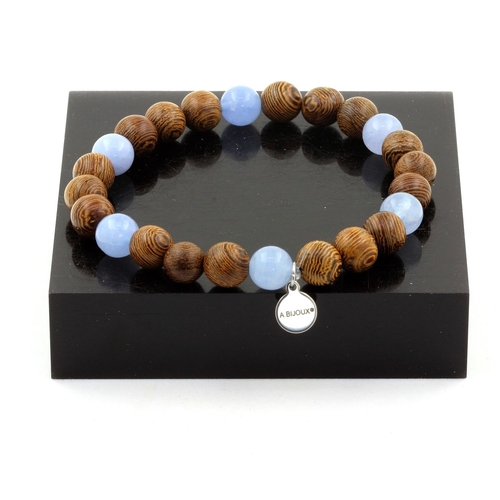 Aquamarine + wood Bracelet 8 mm Beads.