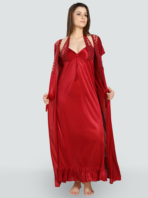 Romaisa Women's Satin Solid Maroon Maxi Length Nighty with Robe