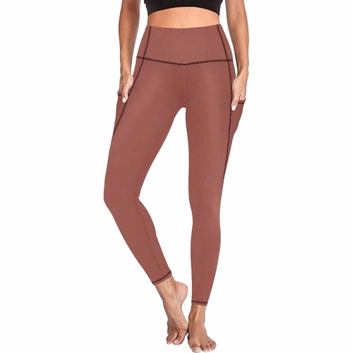 Womens Leggings with Pockets - Fitness Pants / Cognac Red