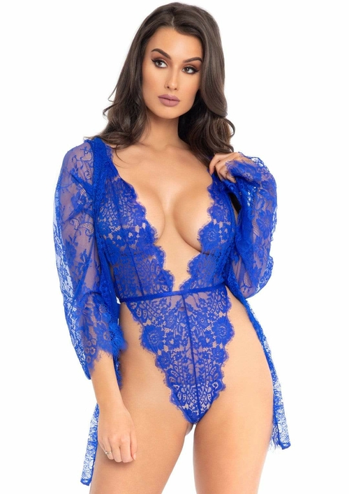 3pc Lace Teddy and Robe Set - Medium -  Royal Blue