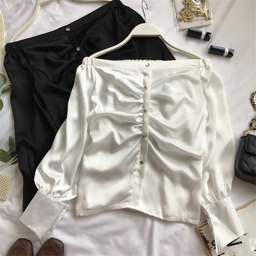 Women Casual Korean Pleated Shirts Sexy Slash Neck