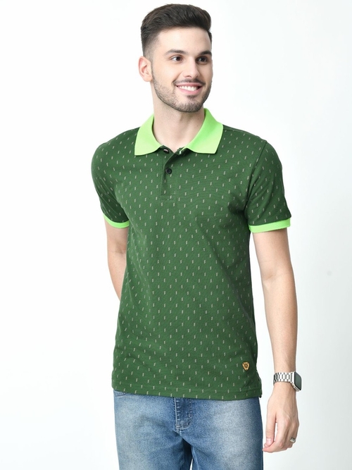 Men's Contrast Collar Printed Polo T-Shirt (Color Green) (Size L)