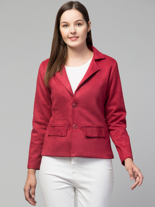 Women Classic Essential Linen Lapel Suede Jacket (Color Rani Pink)