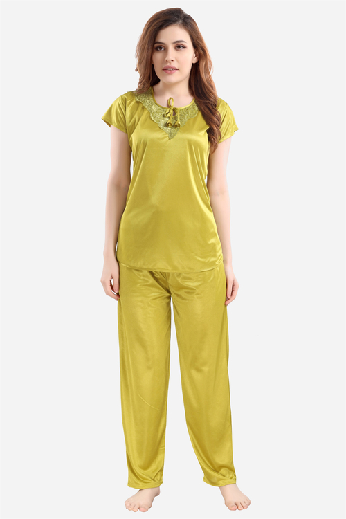 Romaisa Women's Satin Solid Olive Green Regular Length Top and Pyjama
