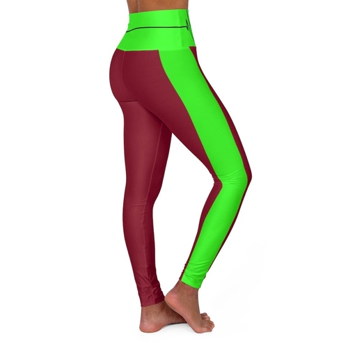 High Waisted Yoga Leggings, Dark Red and Neon Green Beating Heart