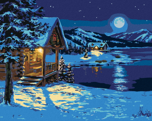 Zuty - Paint by Numbers - HUTS IN WINTER BY THE LAKE UNDER THE FULL