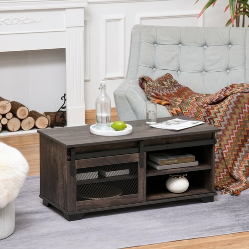 HOMCOM Farmhouse Coffee Table with Sliding Mesh Barn Door  Industrial