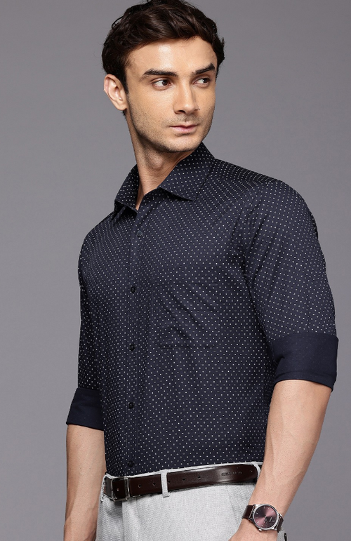 Men Pure Cotton Slim Fit Opaque Printed Formal Shirt (Color Navy Blue)