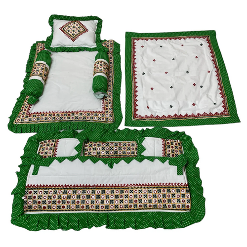 6 Items Kachhi Embroidery Work Bedding Set Green Color