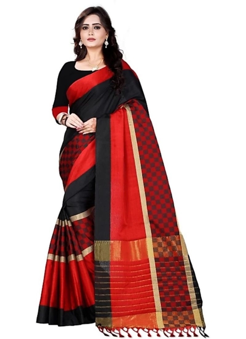 Black And  Red Color Cottn Silk  Saree