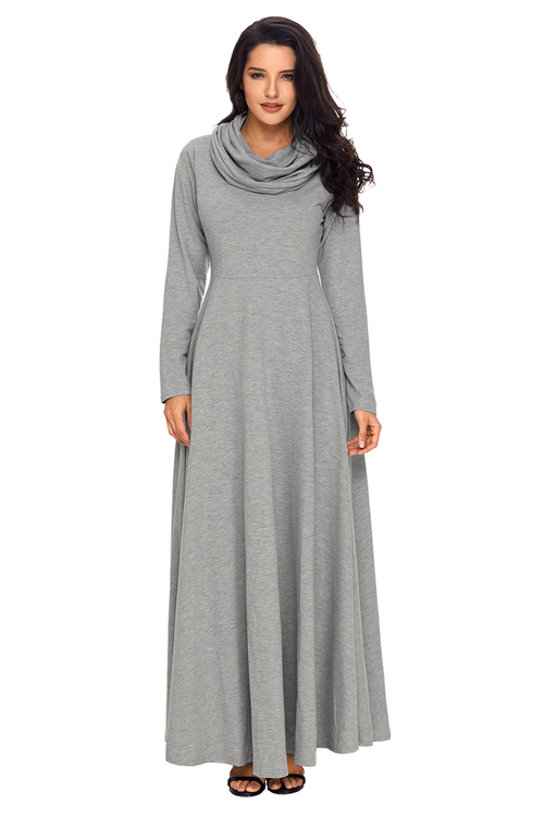 Grey Cow Neck Long Sleeve Maxi Dress