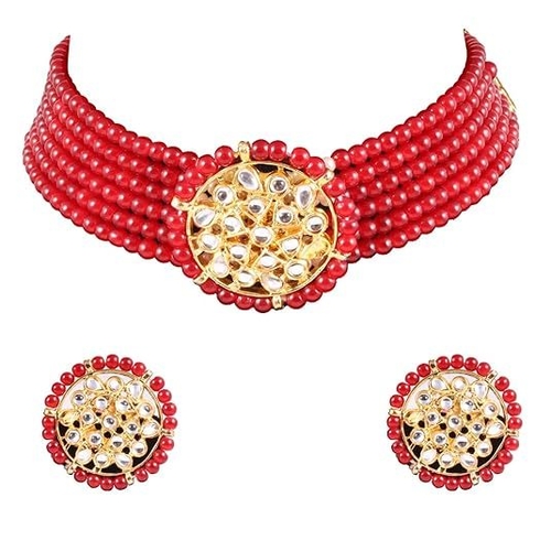 Handmade Gold Plated Artificial American Diamond Choker Necklace red